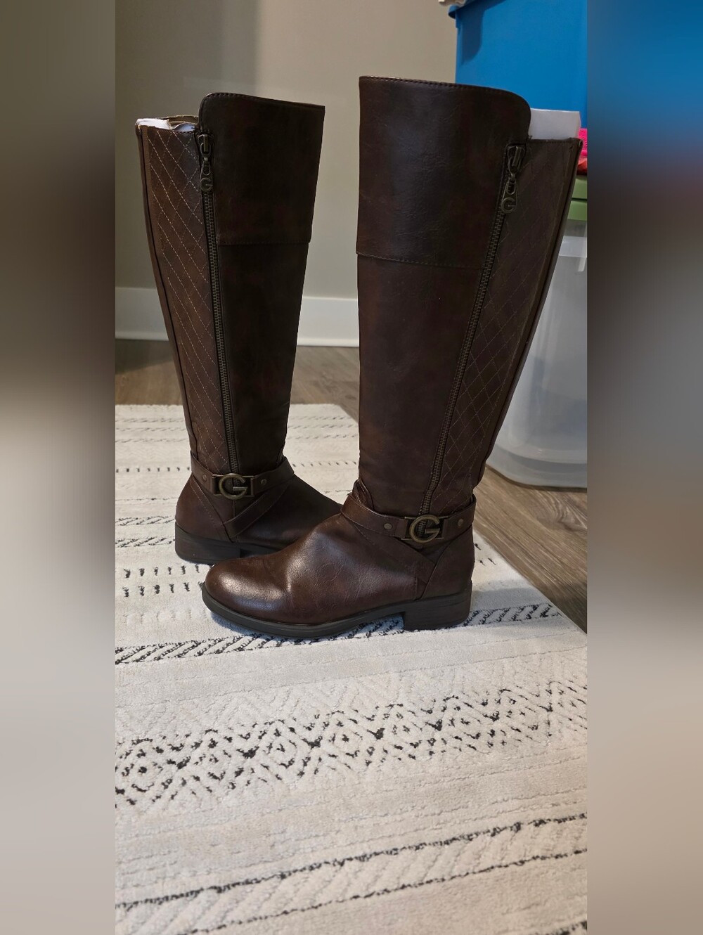 GUESS Women's Brown Leather Riding Boots with Signature 'G' Buckle Size 7.5